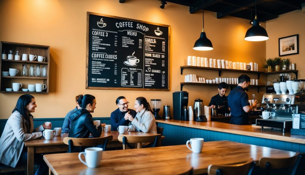 “Happy customers enjoying coffee in cozy cafe – coffee near me”
